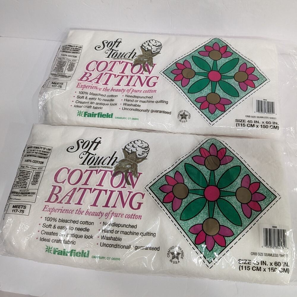 Cotton Crib Size Batting Soft Touch Fairfield Lot of 2 Quilting 45-In x 60-In